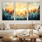 Sunrise Forest Wall Art | Framed Misty Pines Canvas Artwork