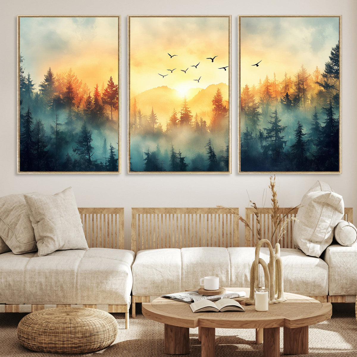 Sunrise Forest Wall Art | Framed Misty Pines Canvas Artwork