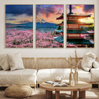 Mount Fuji Cherry Blossom Wall Art Canvas Print | Framed Pagoda Sunset