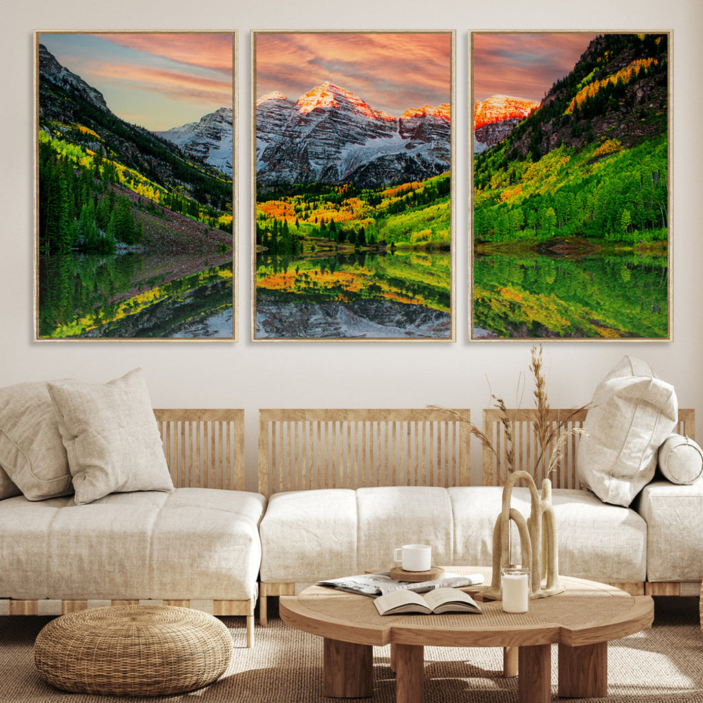 Sunset Glow Mountain Wall Art Canvas Print | Peaks, Green Forest and Lake