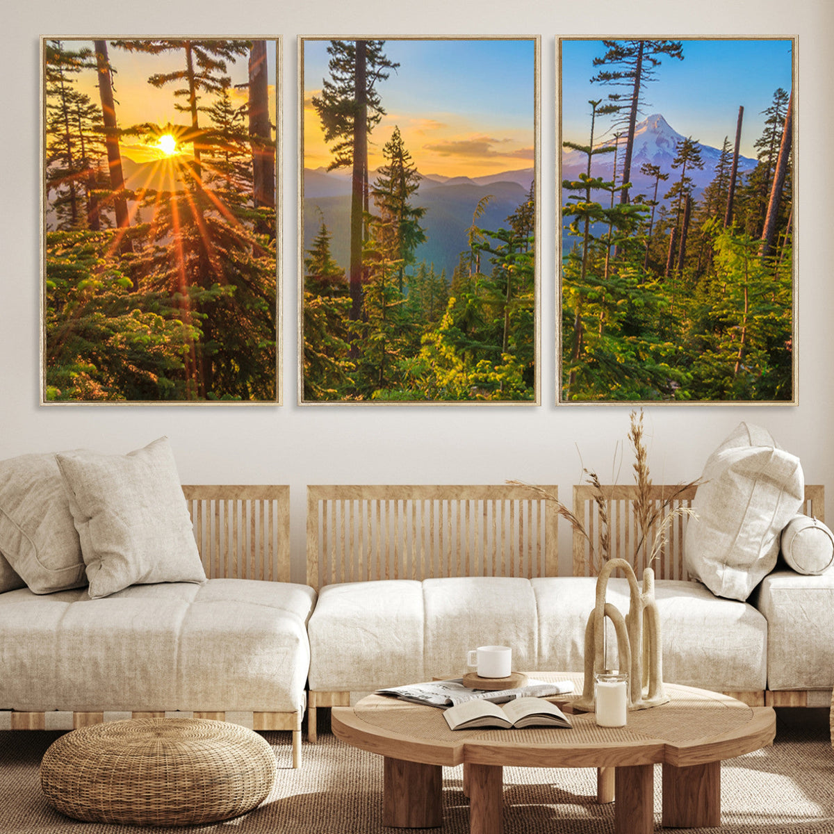 Forest Sunset Wall Art Canvas Print | Green Pines in Golden Light