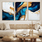 Gold Blue Abstract Canvas Print, Elegant Navy and Gold Marble Flow
