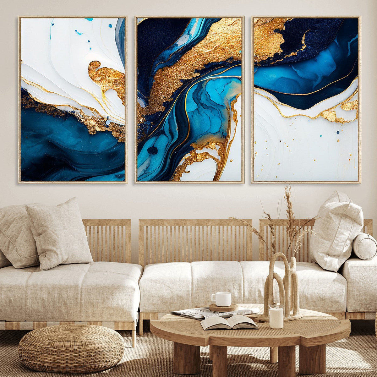 Gold Blue Abstract Canvas Print, Elegant Navy and Gold Marble Flow