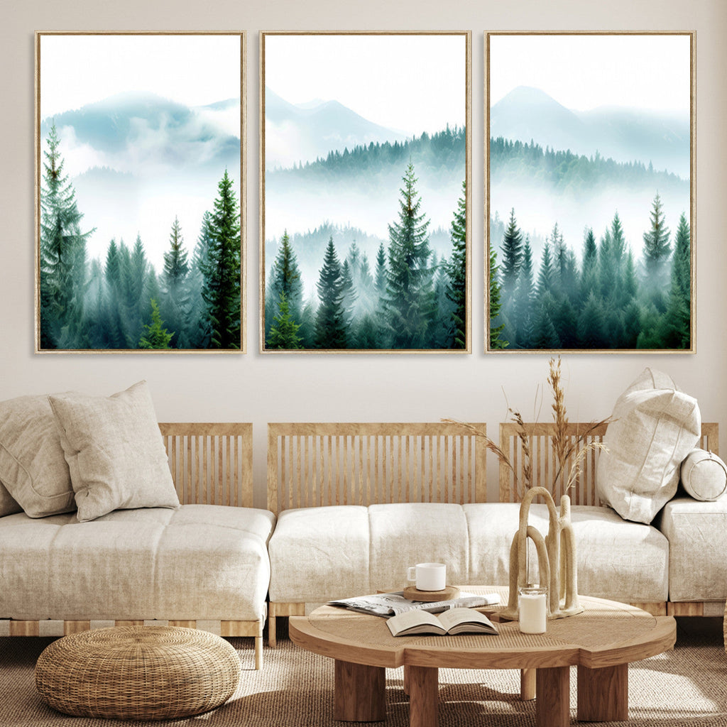 Misty Pine Forest Wall Art, Foggy Mountain Landscape Canvas