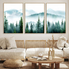 Misty Pine Forest Wall Art, Foggy Mountain Landscape Canvas