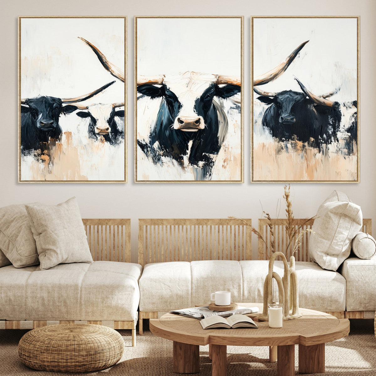Texas Longhorn Wall Art Canvas Print | Majestic Horned Bull in Black and White