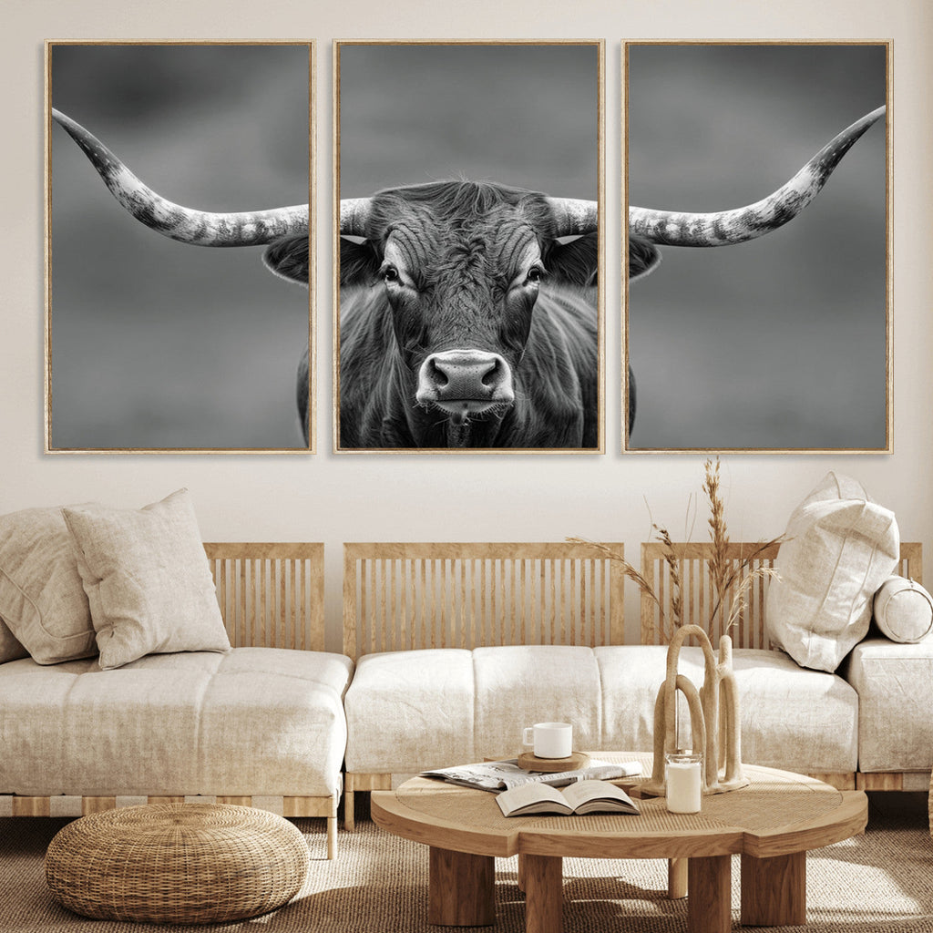 Texas Longhorn Wall Art Canvas Print, Framed Western Bull Photography, Rustic Log Cabin Decor