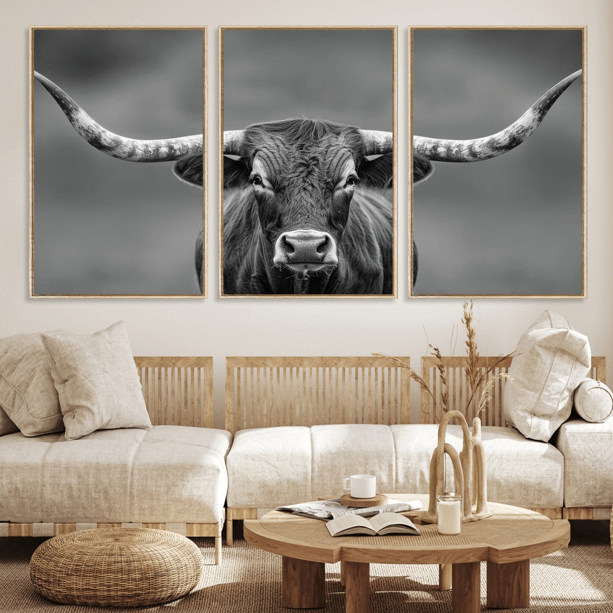 Texas Longhorn Wall Art Canvas Print, Framed Western Bull Photography, Rustic Log Cabin Decor