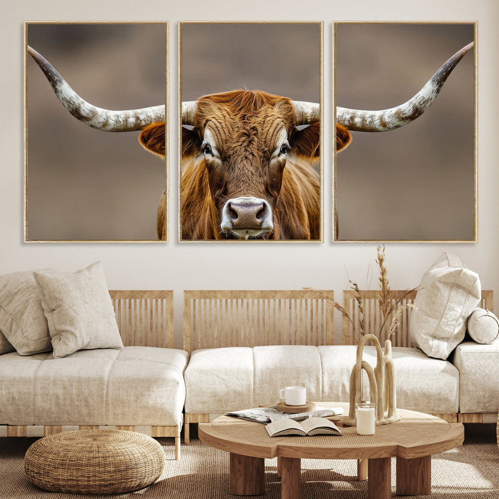 Texas Longhorn Wall Art Canvas Print | Rustic Brown Bull Western Decor