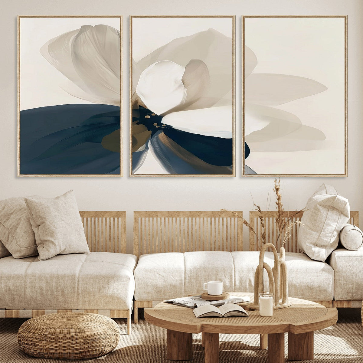Minimal Flower Wall Art Canvas Print | Framed Beige and Navy Bloom