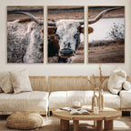 Texas Longhorn Wall Art Canvas Print | Framed Brown and White Spotted Longhorn