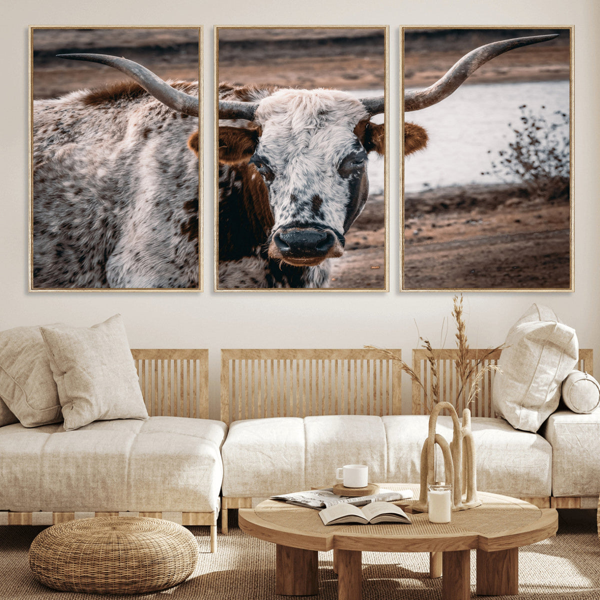 Texas Longhorn Wall Art Canvas Print | Framed Brown and White Spotted Longhorn