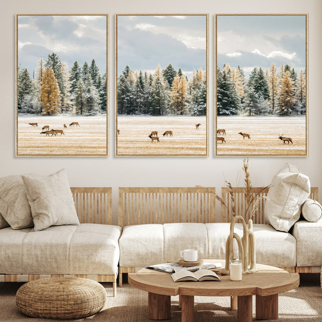 Elk Herd Wall Art, Framed Snowy Forest Canvas Artwork
