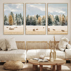 Elk Herd Wall Art, Framed Snowy Forest Canvas Artwork