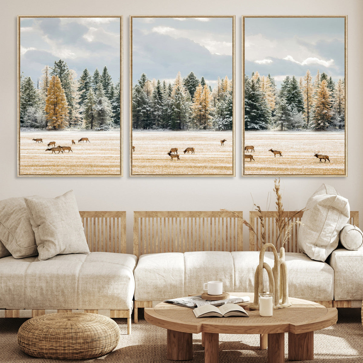 Elk Herd Wall Art, Framed Snowy Forest Canvas Artwork