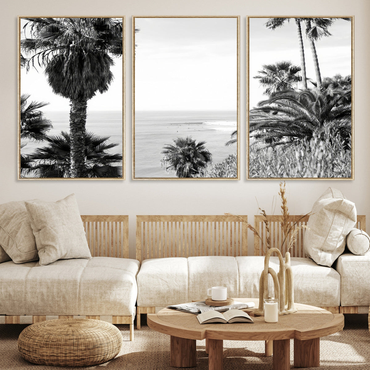 Palm Trees Wall Art Canvas Print, Framed Coastal Ocean Horizon Monochrome Art