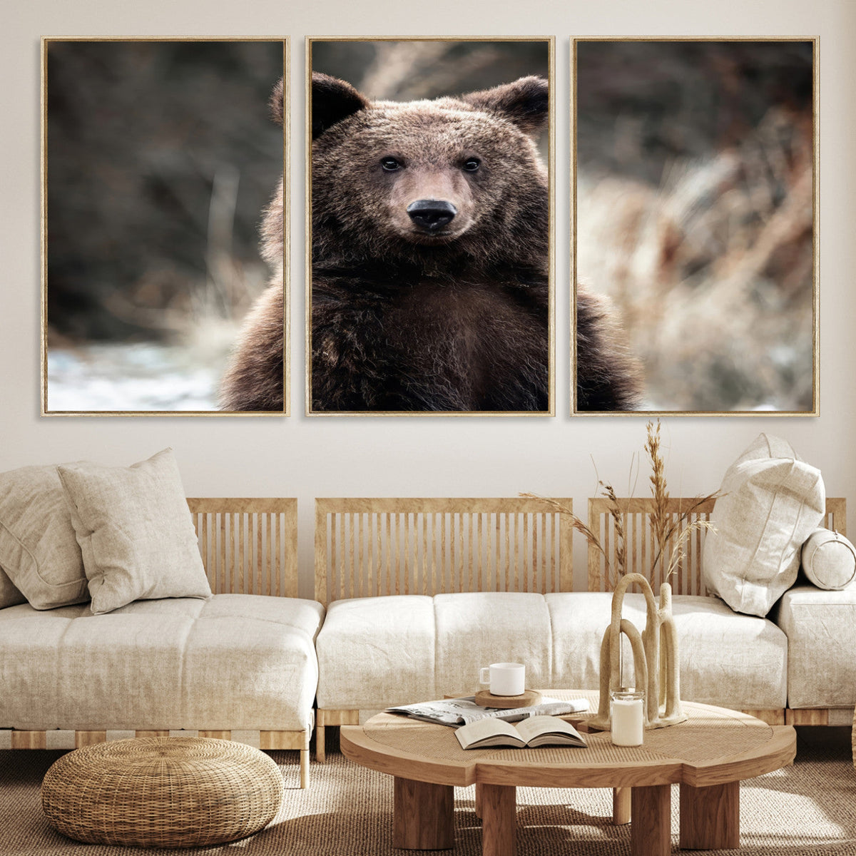 Brown Bear Wall Art Canvas Print, Framed Majestic Woodland Wildlife Cabin Art