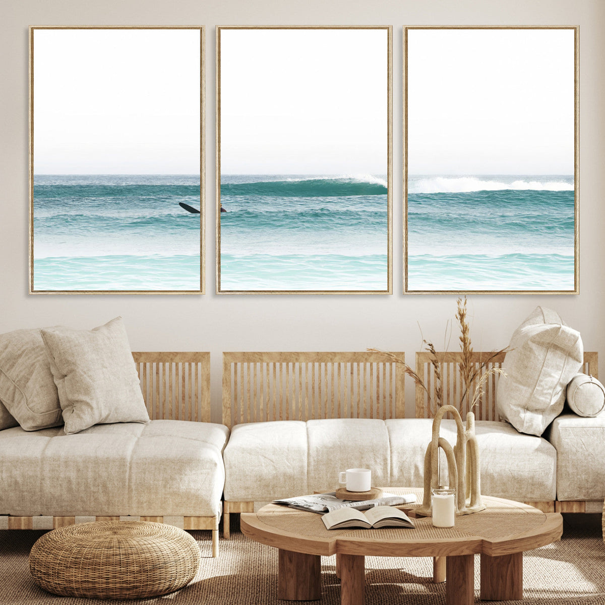 Surfing Wall Art Canvas Print, Framed Minimalist Ocean Waves Beach Art