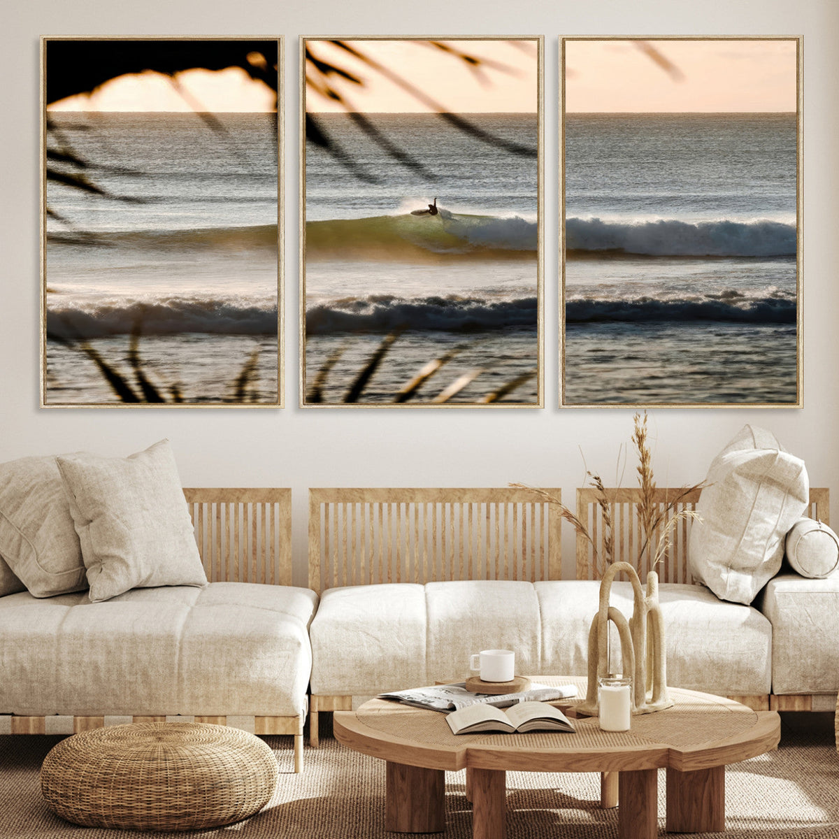 Sunset Surf Wall Art Canvas Print, Framed Golden Hour Waves Boho Beach Art