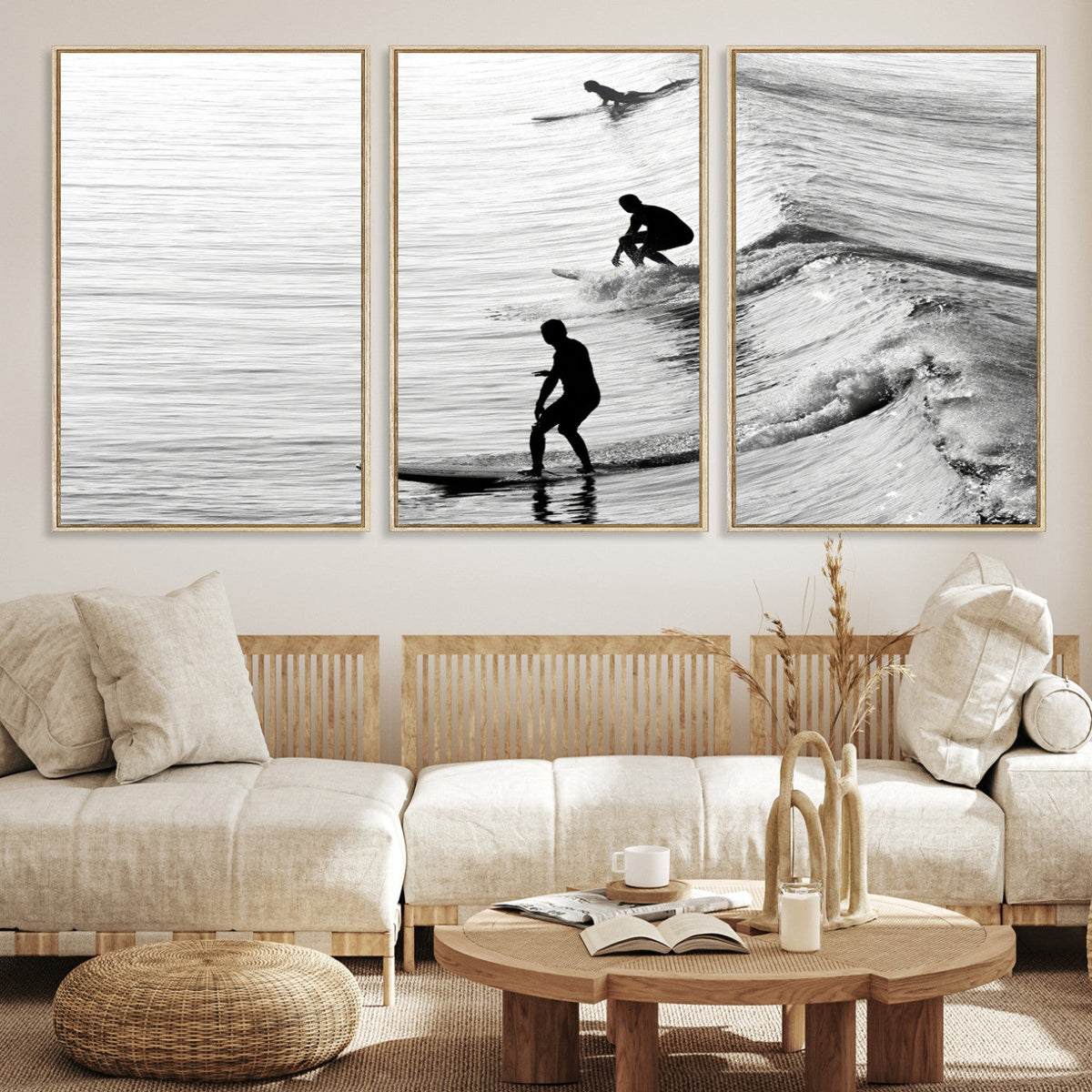 Surfers on Waves Wall Art Canvas Print | Framed Black and White Surf