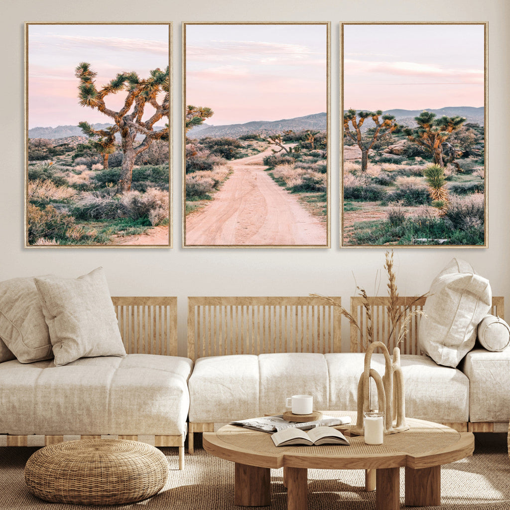 Joshua Tree Wall Art Canvas Print, Framed Desert Road Scene at Sunset