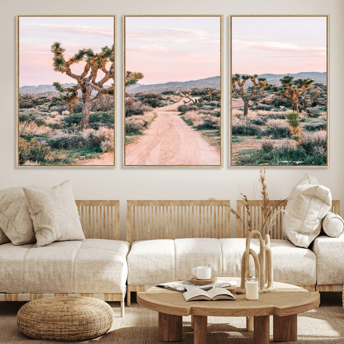 Joshua Tree Wall Art Canvas Print, Framed Desert Road Scene at Sunset