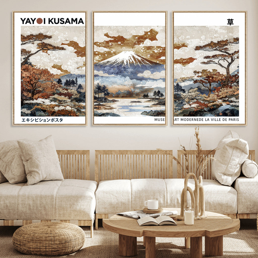 Modern Japanese Mount Fuji Canvas Art Print, Yayoi Kusama Wall Art, Framed Abstract Japanese Landscape