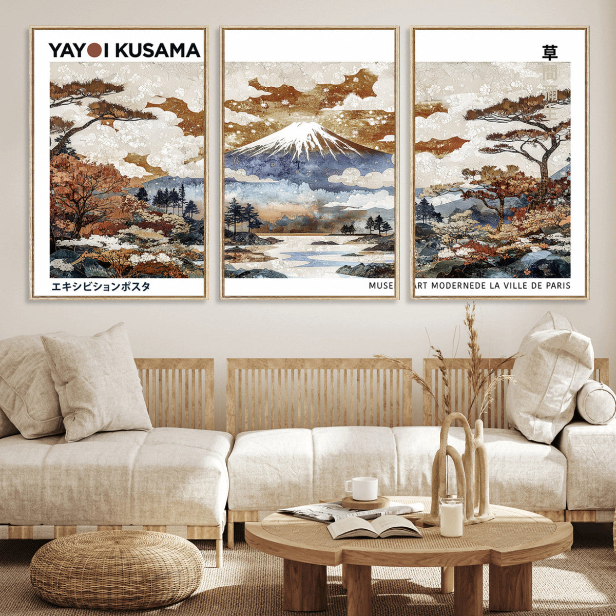 Modern Japanese Mount Fuji Canvas Art Print, Yayoi Kusama Wall Art, Framed Abstract Japanese Landscape