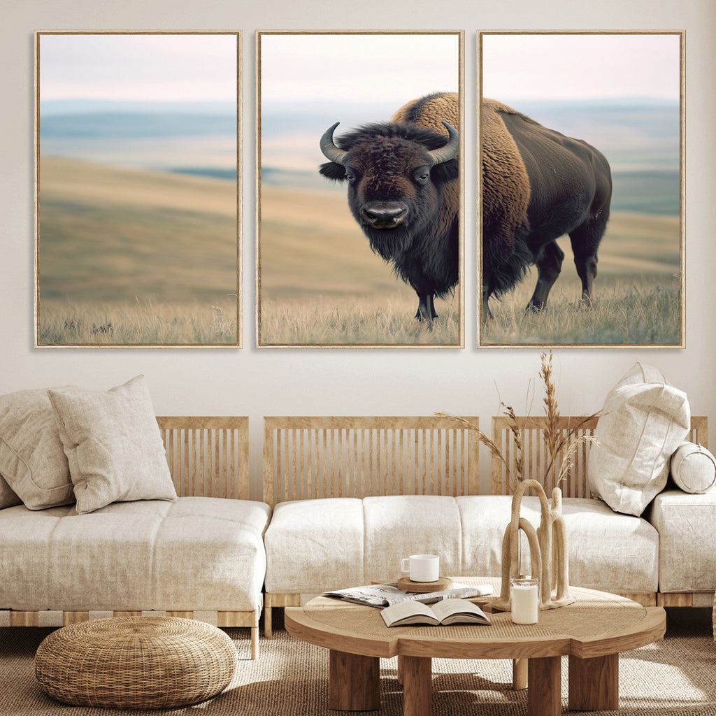 Bison Wall Art Canvas Print, Framed American Buffalo Rustic Western Artwork
