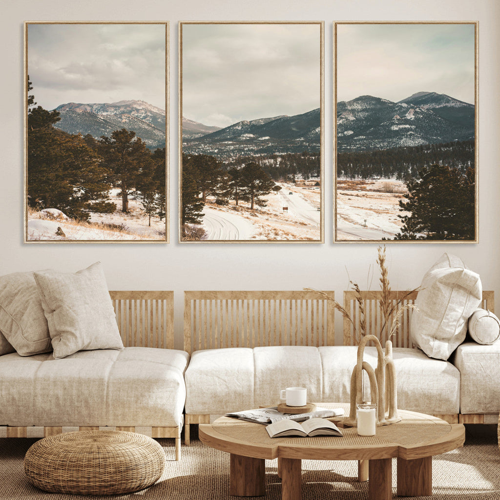 Mountain Landscape Wall Art Canvas Print, Framed Snowy Peaks Alpine Winter