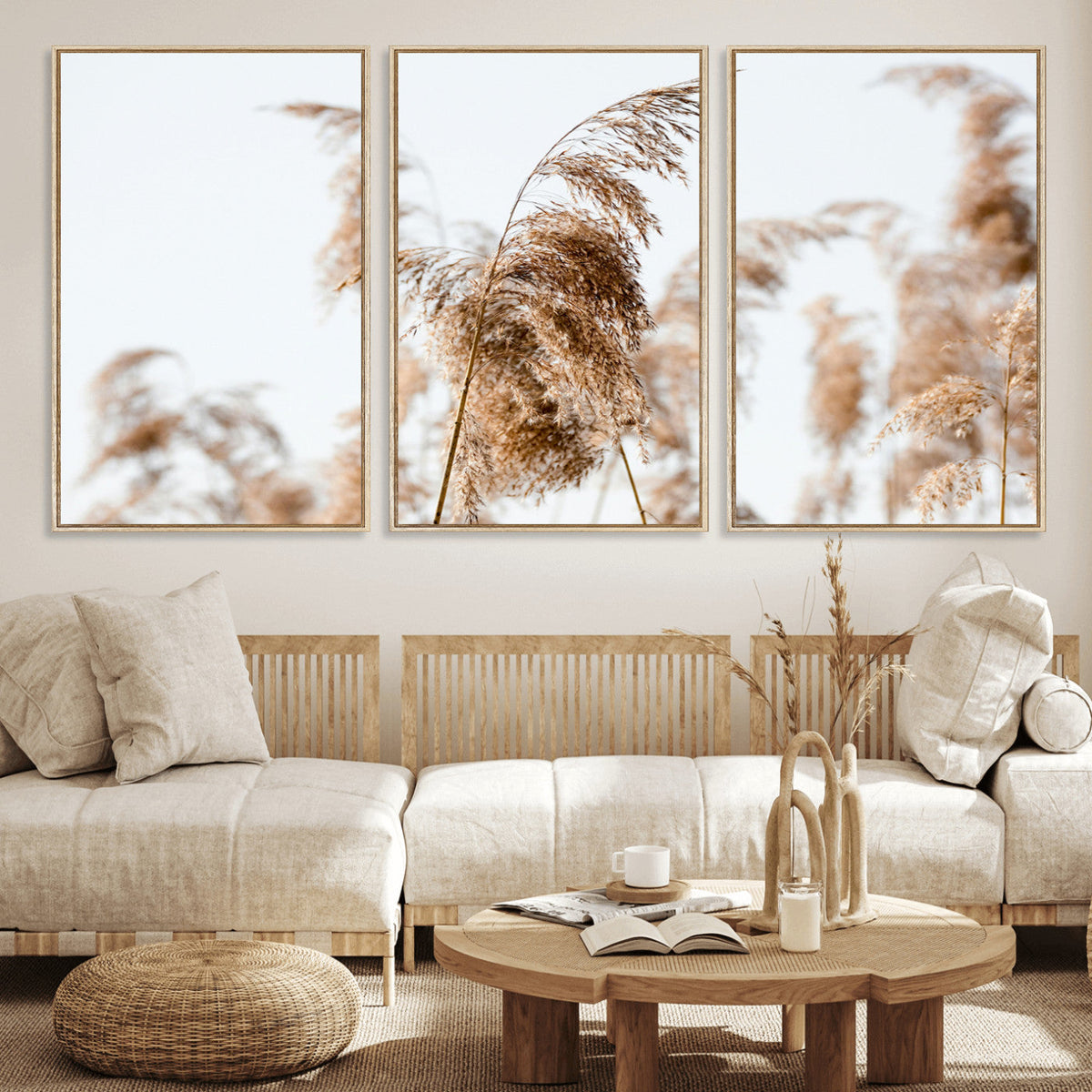 Pampas Grass Wall Art Canvas Print, Framed Neutral Tones Minimalist Boho