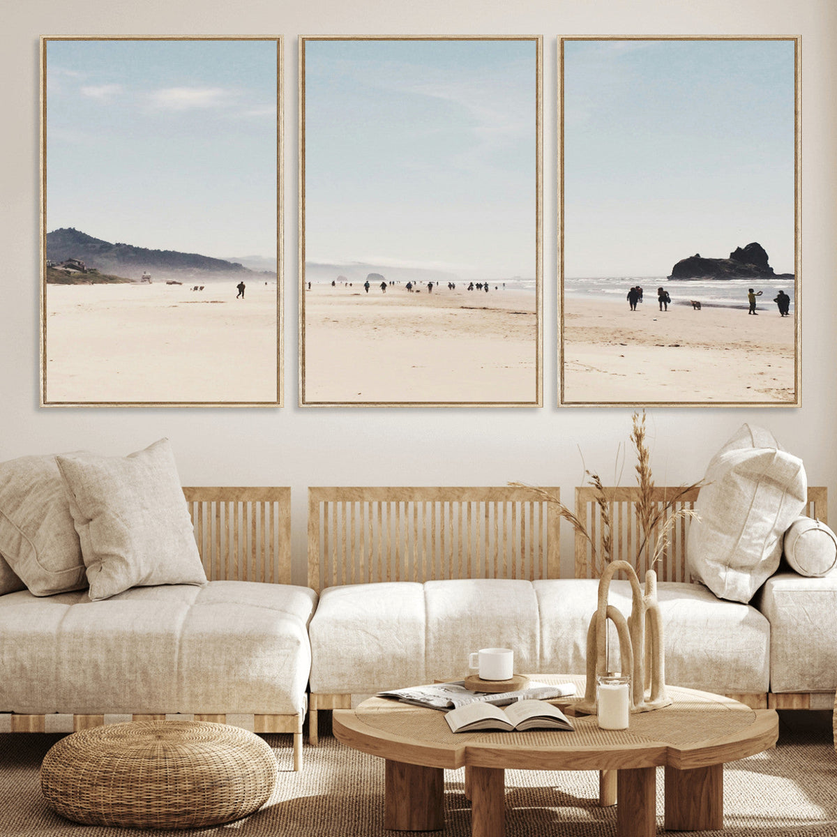 Minimalist Beach Wall Art Canvas Print, Framed Coastal Serenity Soft Sand