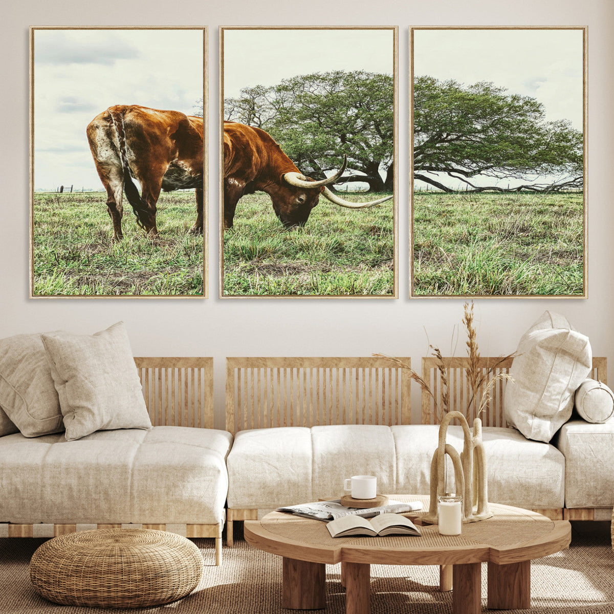 Texas Longhorn Wall Art Canvas Print, Rustic Western Ranch