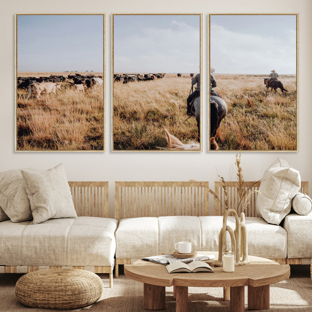 Western Wall Art Canvas Print, Framed Cowboy Cattle Drive Scene