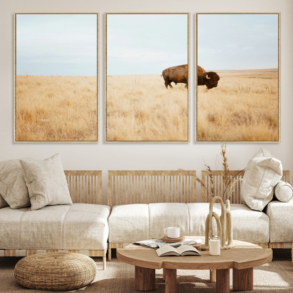 Buffalo Wall Art Canvas Print, Framed Western Wildlife Rustic Prairie Scene