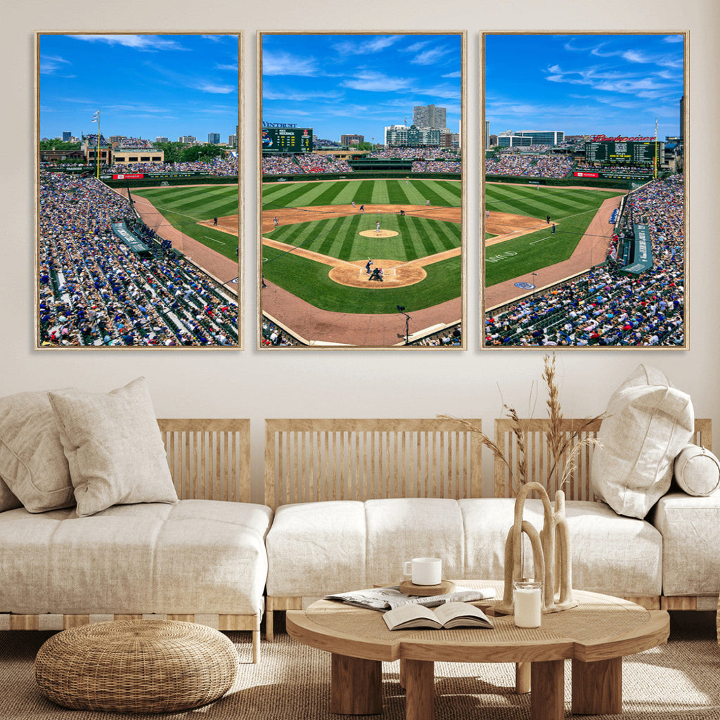Wrigley Field Baseball Stadium Canvas Wall Art, Packed Crowd and Chicago Skyline