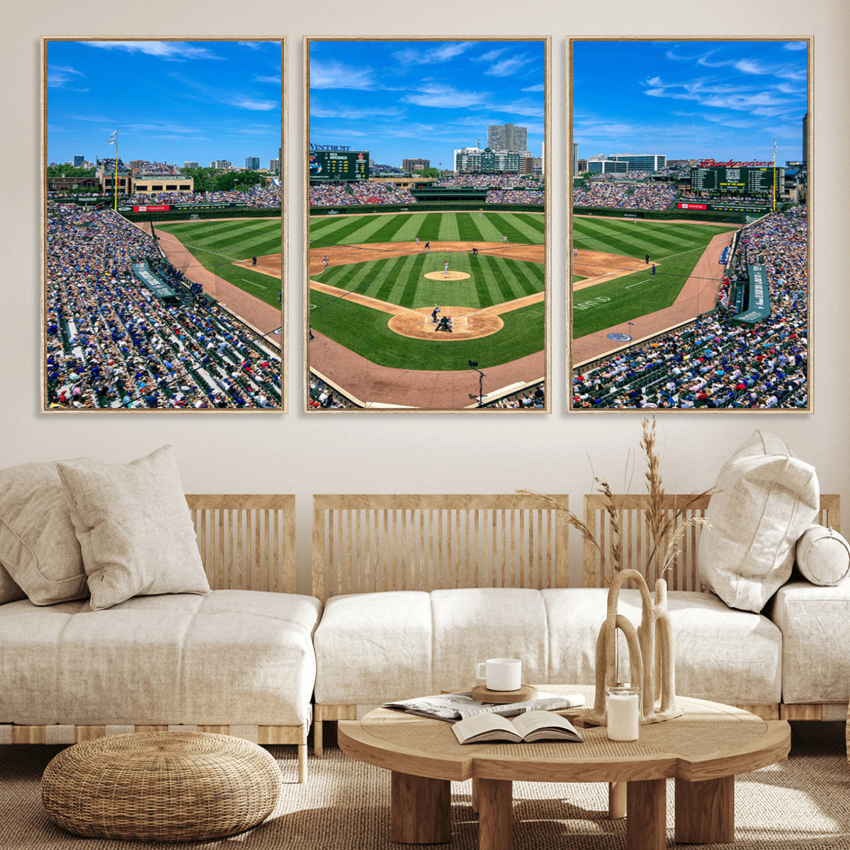 Wrigley Field Baseball Stadium Canvas Wall Art, Packed Crowd and Chicago Skyline