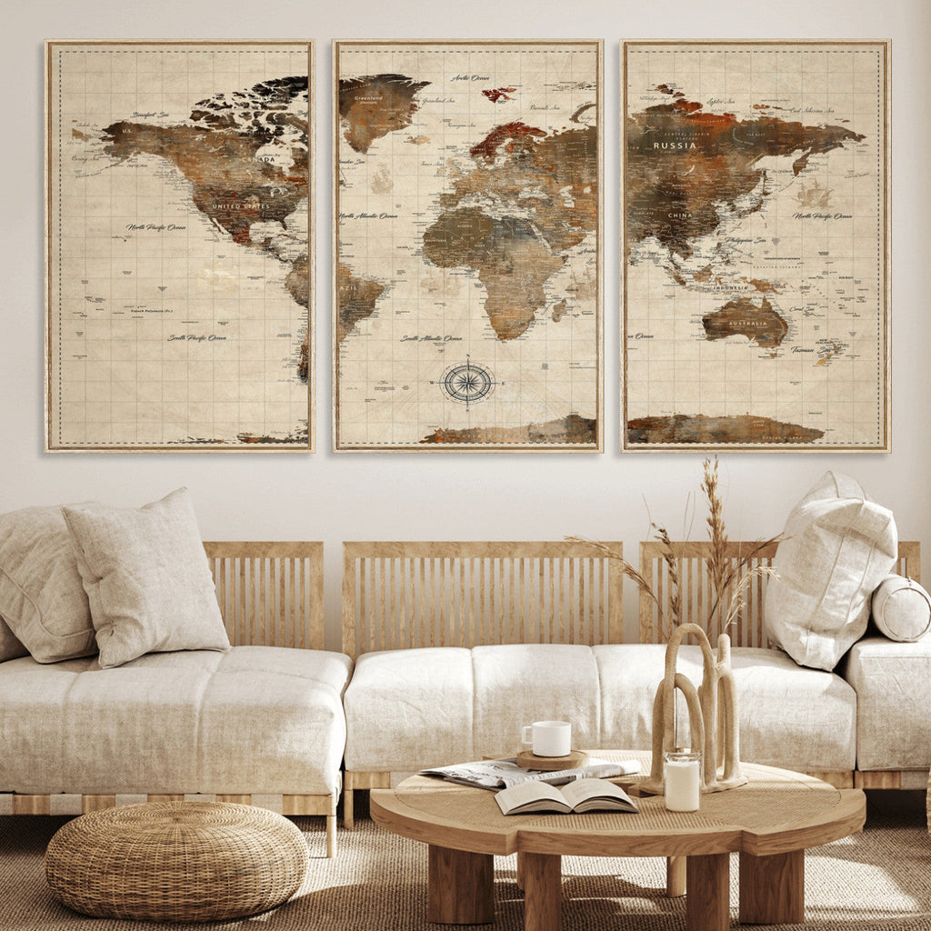 Vintage World Map Wall Art Canvas Print for Living Room, Office and Study