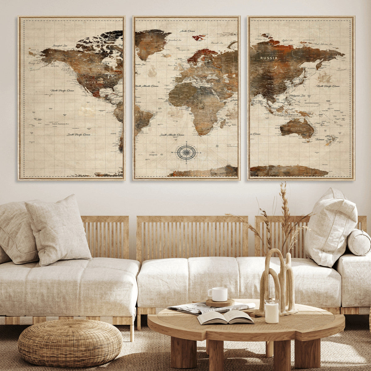 Vintage World Map Wall Art Canvas Print for Living Room, Office and Study