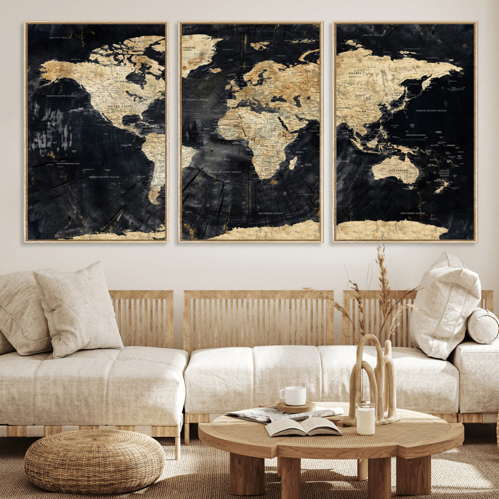 Framed Large World Map Wall Art Canvas Print for Living Room