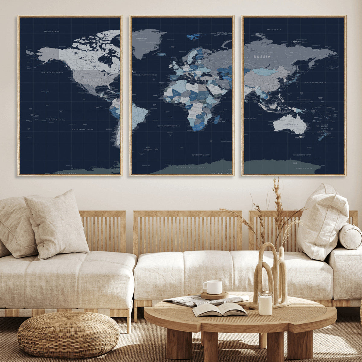Blue Detailed World Map Wall Art Canvas Print | Modern Framed Map