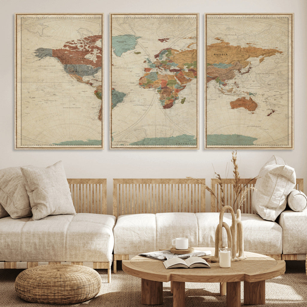Vintage World Map Canvas Wall Art Print | Framed Modern World Map