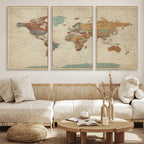 Vintage World Map Canvas Wall Art Print | Framed Modern World Map