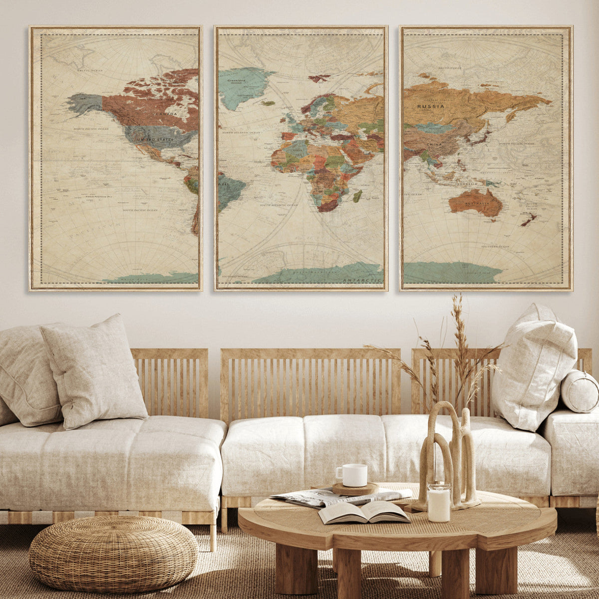Vintage World Map Canvas Wall Art Print | Framed Modern World Map