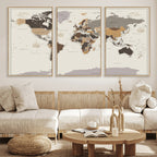 Custom Beige Modern Push Pin World Map Canvas Print, Places Visited Tracker, Bedroom and Study Decor