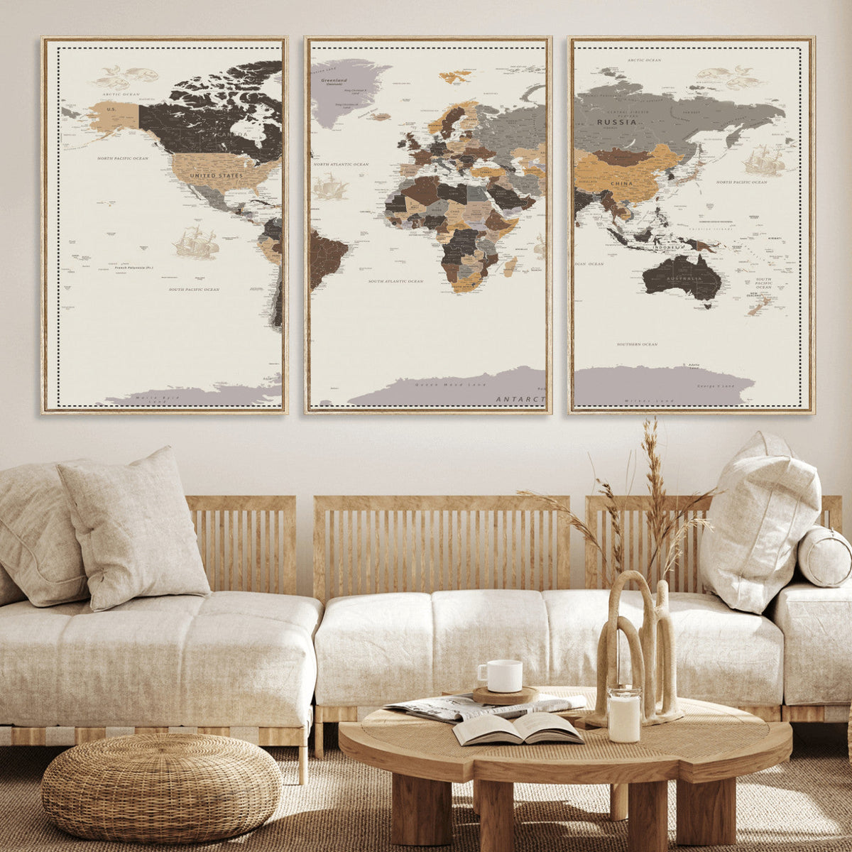 Custom Beige Modern Push Pin World Map Canvas Print, Places Visited Tracker, Bedroom and Study Decor