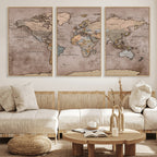 Grunge World Map Canvas Wall Art - Vintage Aged World Map with Golden Tones