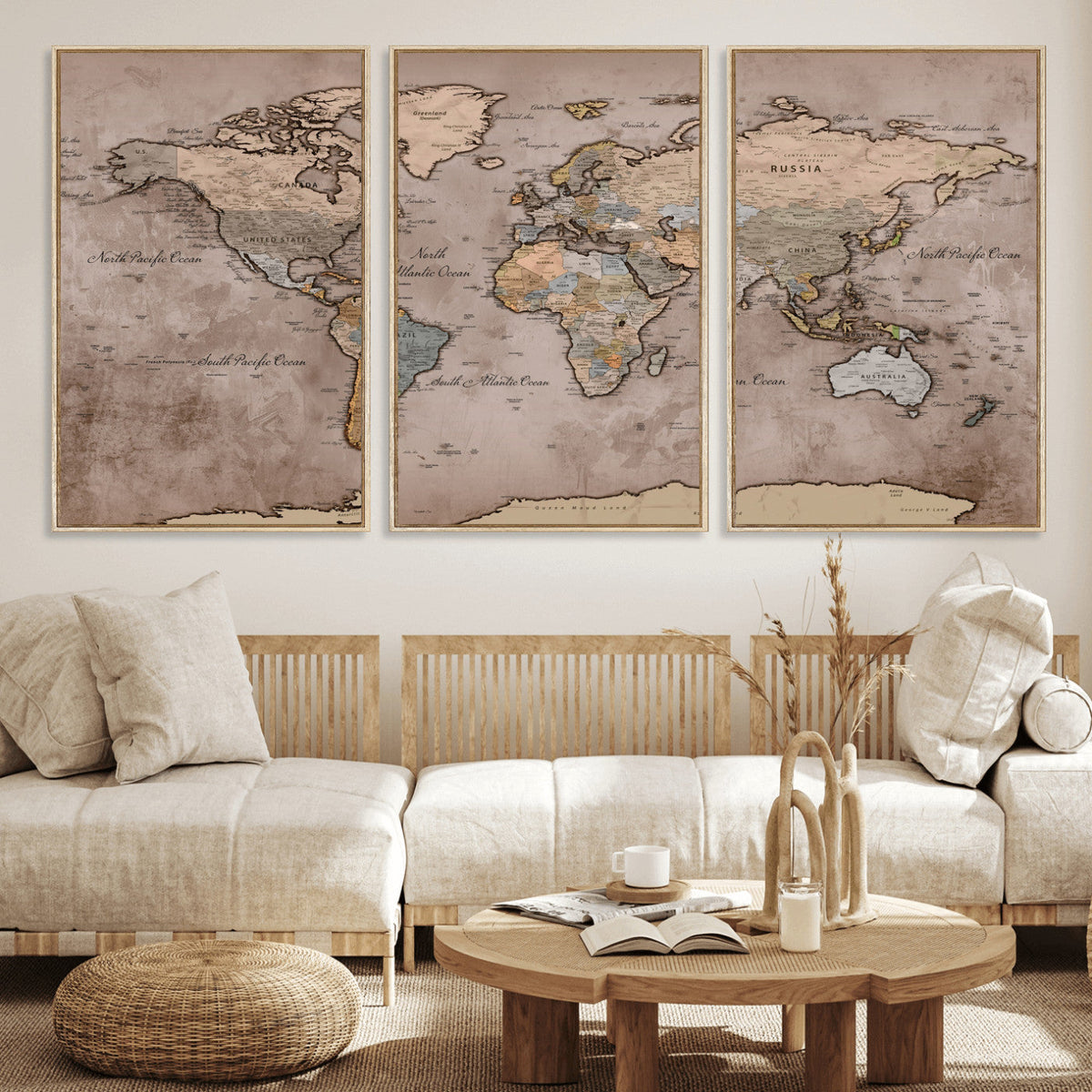 Grunge World Map Canvas Wall Art - Vintage Aged World Map with Golden Tones