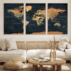 Vintage World Map Canvas Wall Art | Detailed Map with Countries, Oceans and Continents