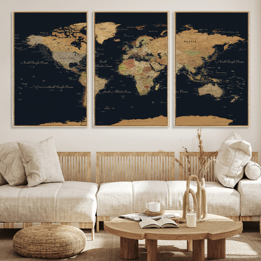 Vintage World Map Earth Globe Countries Oceans Continents